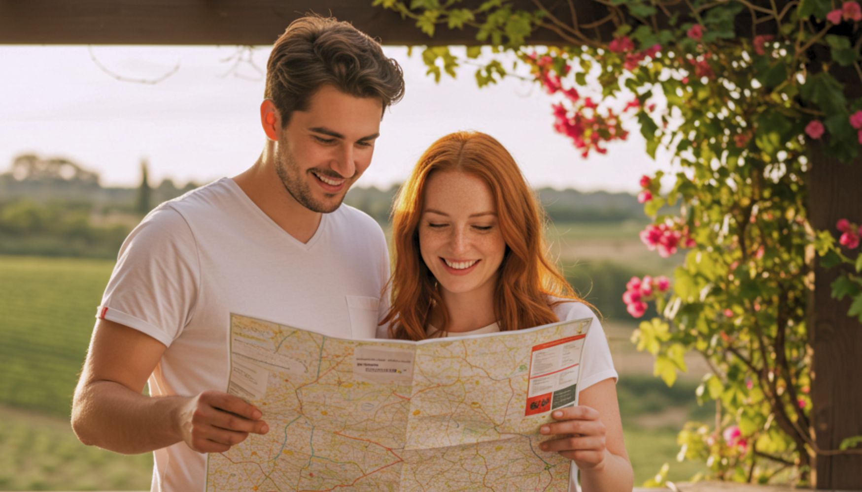 A couple planning a wine tour