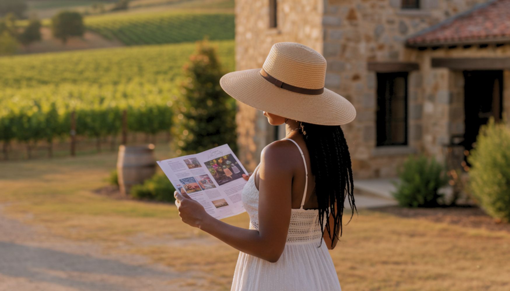 A woman holding a wine country brochure
